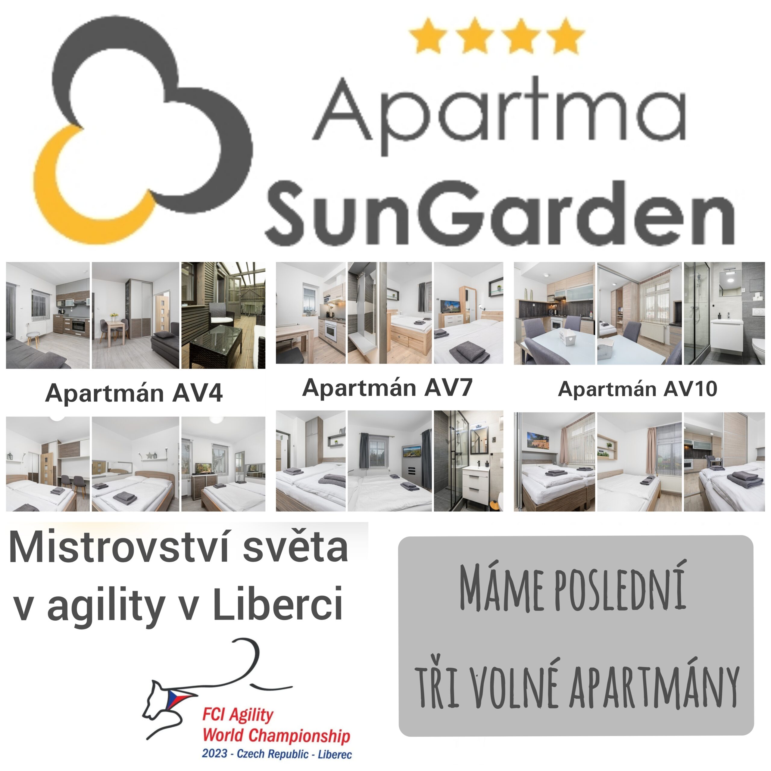 Mistrovství světa v Agility 2023 – poslední volné Apartmány!